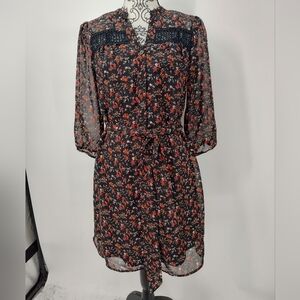 Black Poppy Floral Sheer Layered Button Details Boho Mini Dress Women's Medium